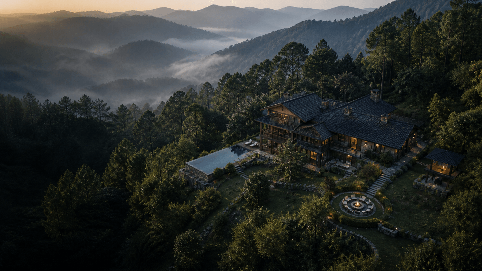 Concept aerial view of the Hermitage estate among the Kasauli pines